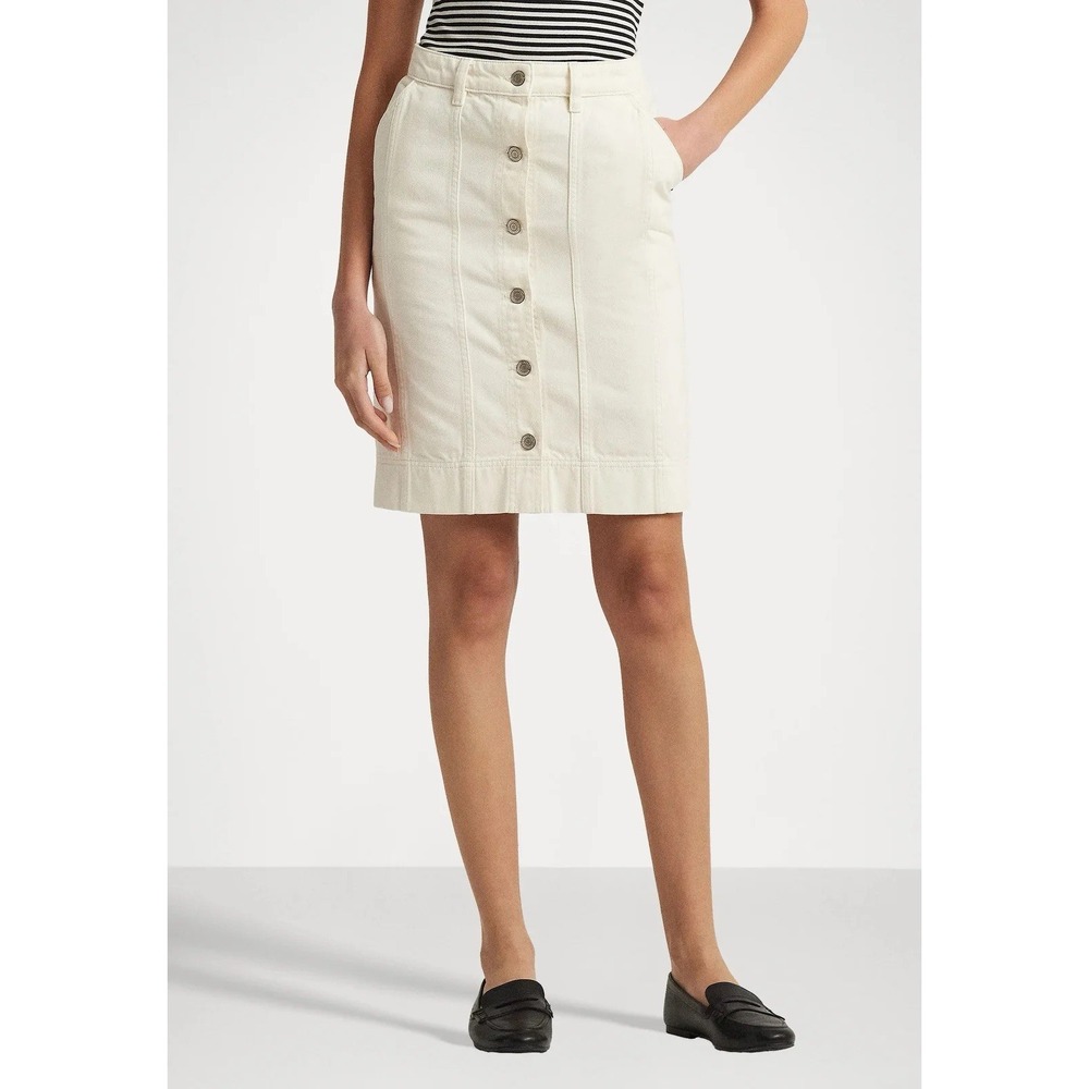 Lauren Ralph Lauren Denim Pencil Skirt‎ 18 Cream Button Front Coastal Prep